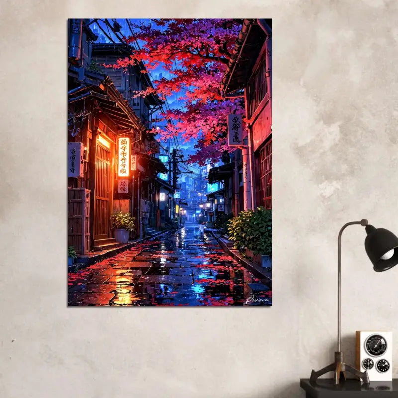 Impression sur toile d’une scène de rue japonaise illuminée par des néons vibrants, avec des teintes rouges et bleues luminescentes se reflétant sur le pavé de pierre mouillé.