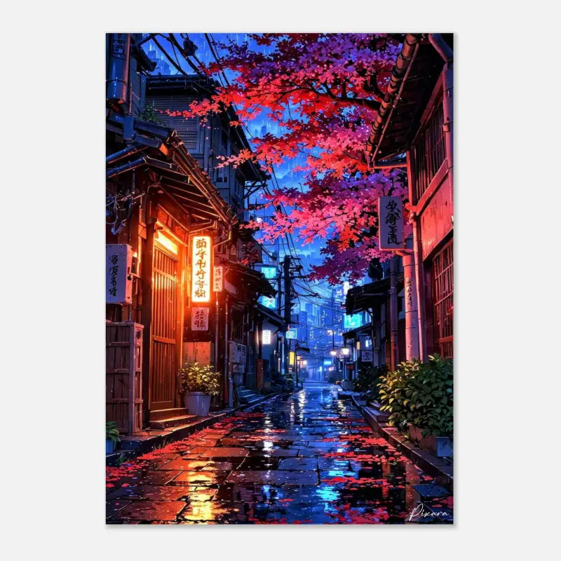 Impression d’une ruelle japonaise illuminée par des néons vibrants, avec des teintes rouges et bleues luminescentes se reflétant sur le pavé de pierre mouillé sous des cerisiers en fleurs.