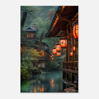 Des lanternes en papier orange chaud avec des découpes florales noires délicates pendent en rangée le long d’une corniche en bois traditionnelle.