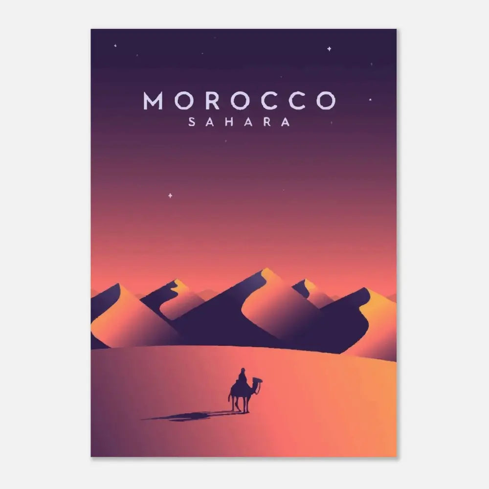 Une affiche stylisée présentant la silhouette d’une personne chevauchant un chameau à travers des dunes sous un ciel étoilé à dégradé, passant du violet profond à l’orange chaud.