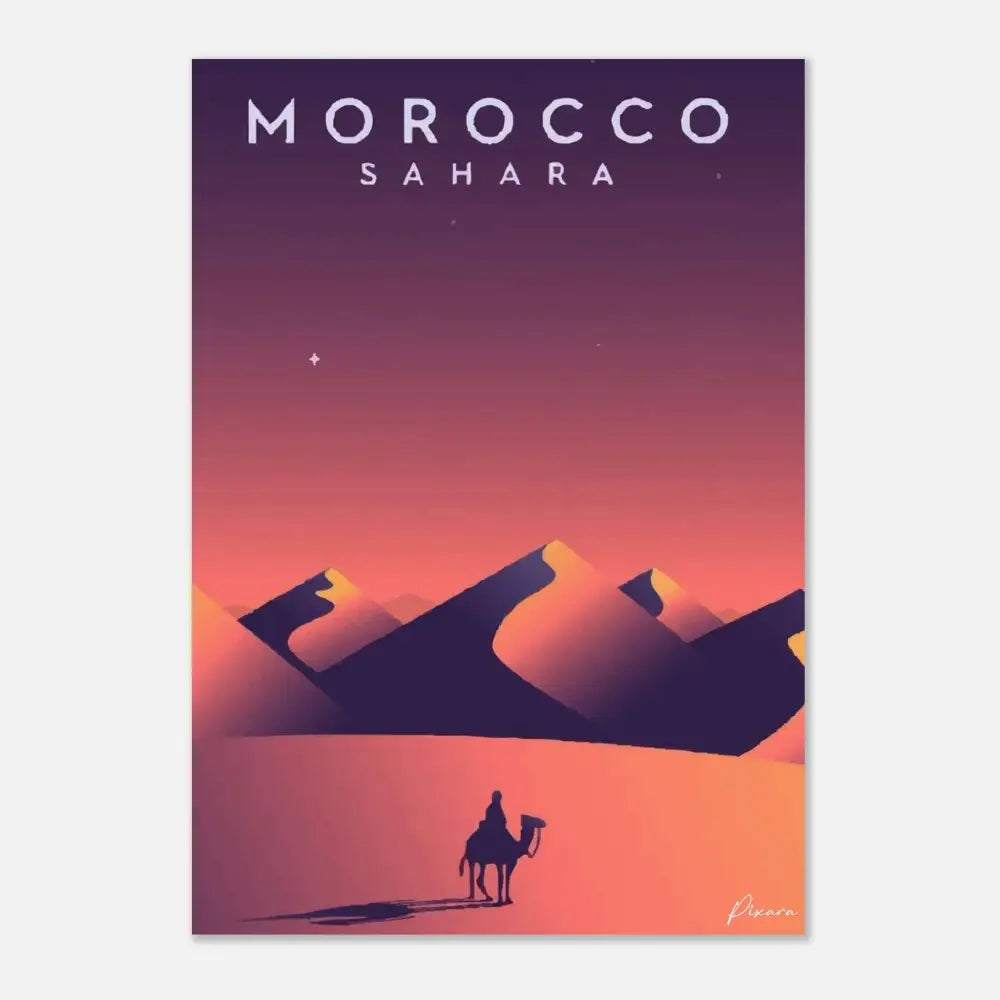 Un poster de voyage stylisé présentant une silhouette d’une personne chevauchant un chameau à travers les dunes sous un ciel de coucher de soleil dégradé, avec le texte « maroc sahara » en haut.