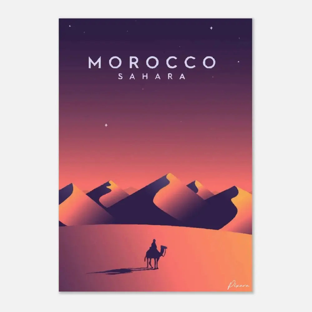Une affiche de voyage vibrante avec un dégradé violet et orange mettant en scène des dunes de désert en silouhette, un chameau solitaire avec son cavalier sous un ciel étoilé.