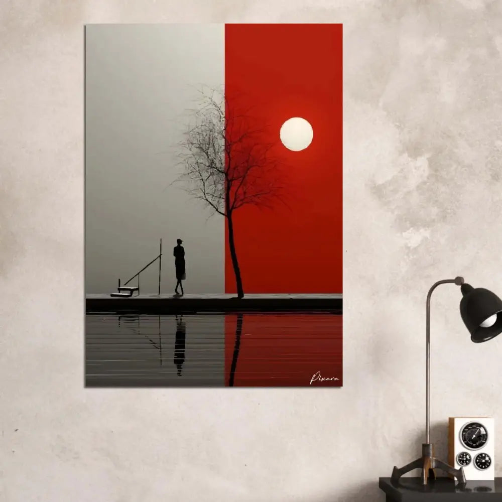 Impression sur toile stylisée présentant une figure solitaire marchant à côté d’un arbre dénudé sous un ciel austère rouge et gris avec le soleil, rendu en silhouette noire minimaliste contre l’eau réfléchissante.
