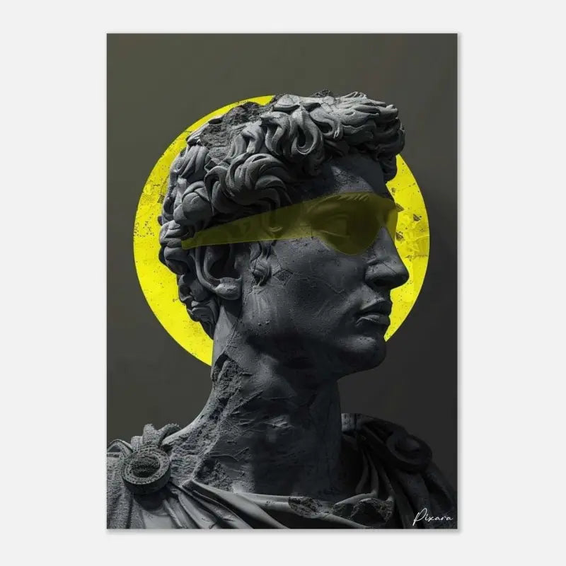 Une sculpture en pierre noire frappante d’une figure classique aux cheveux bouclés, portant des lunettes de soleil jaunes audacieuses et se dressant sur un fond circulaire jaune vibrant.