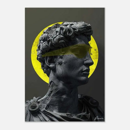 Une estampe d’art moderne présentant une statue de marbre gris foncé du David aux cheveux bouclés, portant des lunettes de soleil jaunes et se dressant sur un fond circulaire jaune vibrant.