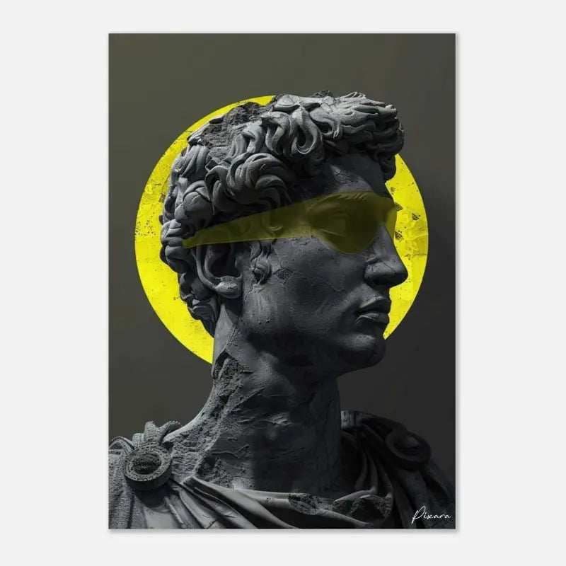 Une estampe d’art moderne présentant une statue de marbre gris foncé du David aux cheveux bouclés, portant des lunettes de soleil jaunes et se dressant sur un fond circulaire jaune vibrant.
