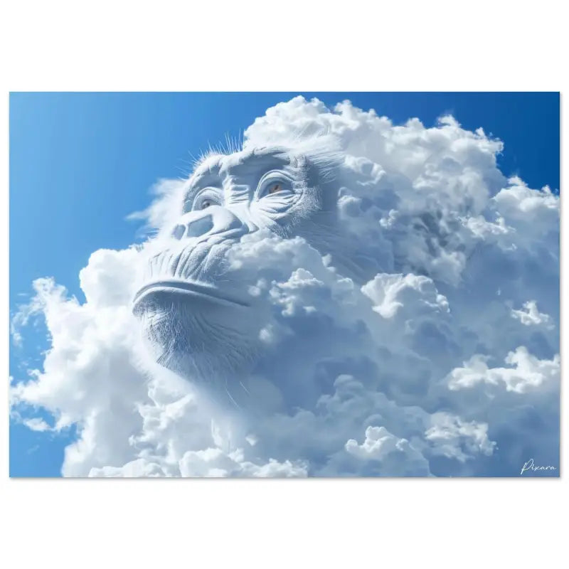 Une sculpture de nuage blanc frappante représentant le visage d’un singe, minutieusement détaillée avec une fourrure texturée et des yeux expressifs sur un ciel bleu vibrant.
