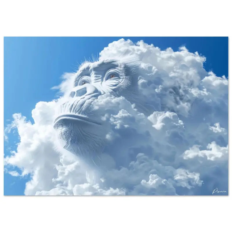 Un visage de chimpanzé blanc frappant émerge de nuages volumineux et duveteux sur un ciel bleu vibrant.