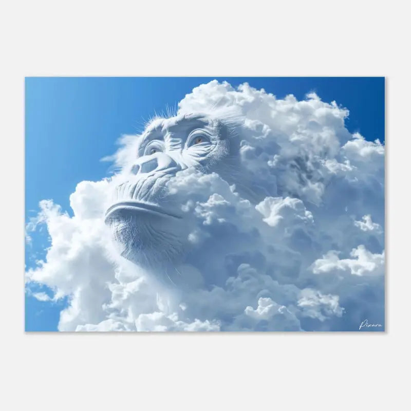 Une œuvre d’art numérique frappante présentant un visage de singe sculpté en blanc émergeant de nuages volumineux sur un ciel bleu vibrant.