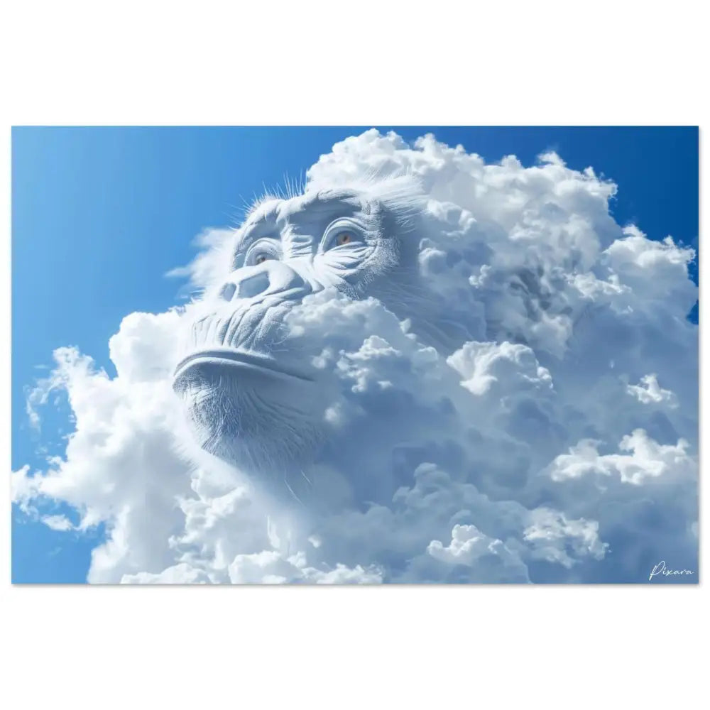 Une sculpture de nuage blanc frappante représentant le visage d’un singe, détaillée de manière élaborée avec une fourrure texturée et des yeux expressifs sur un ciel bleu vibrant.