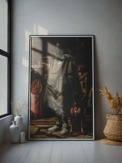 Une impression d’art encadrée représentant une scène dramatique de style clair-obscur avec des figures en tons sombres et des surlignages chauds.