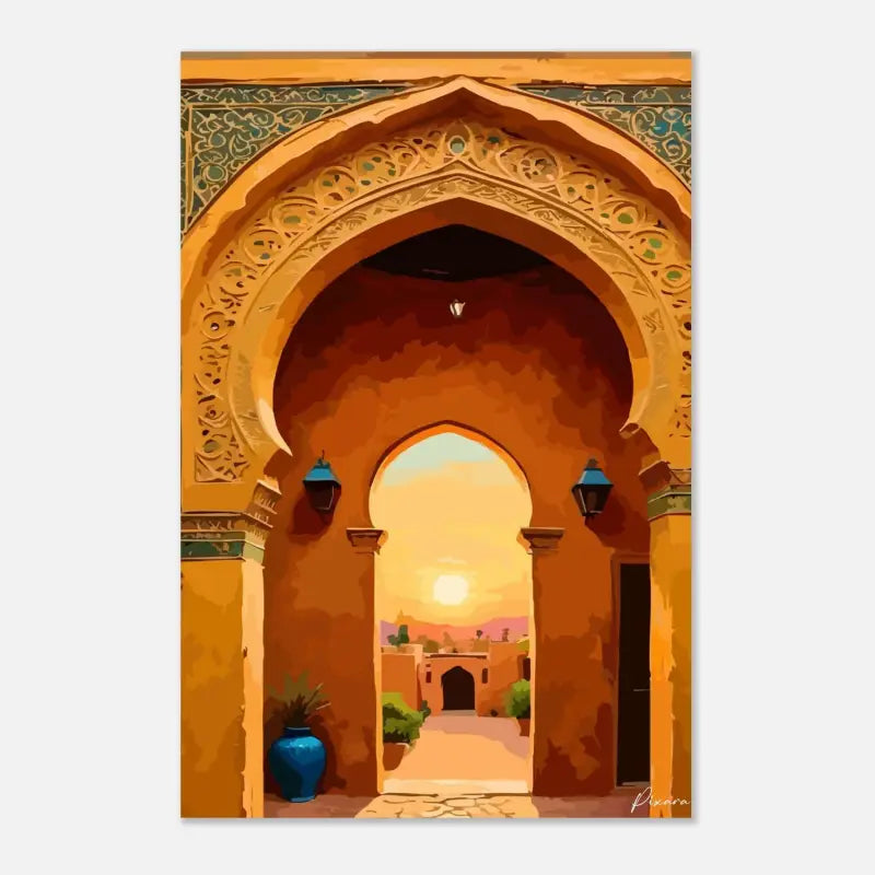 Une peinture numérique vibrante d’une arche de style marocain avec des sculptures dorées intricées, des motifs décoratifs turquoise et verts au-dessus de l’entrée, des murs orange chaleureux, deux lanternes bleu foncé flanquant le passage central, et un coucher de soleil lumineux visible à travers la