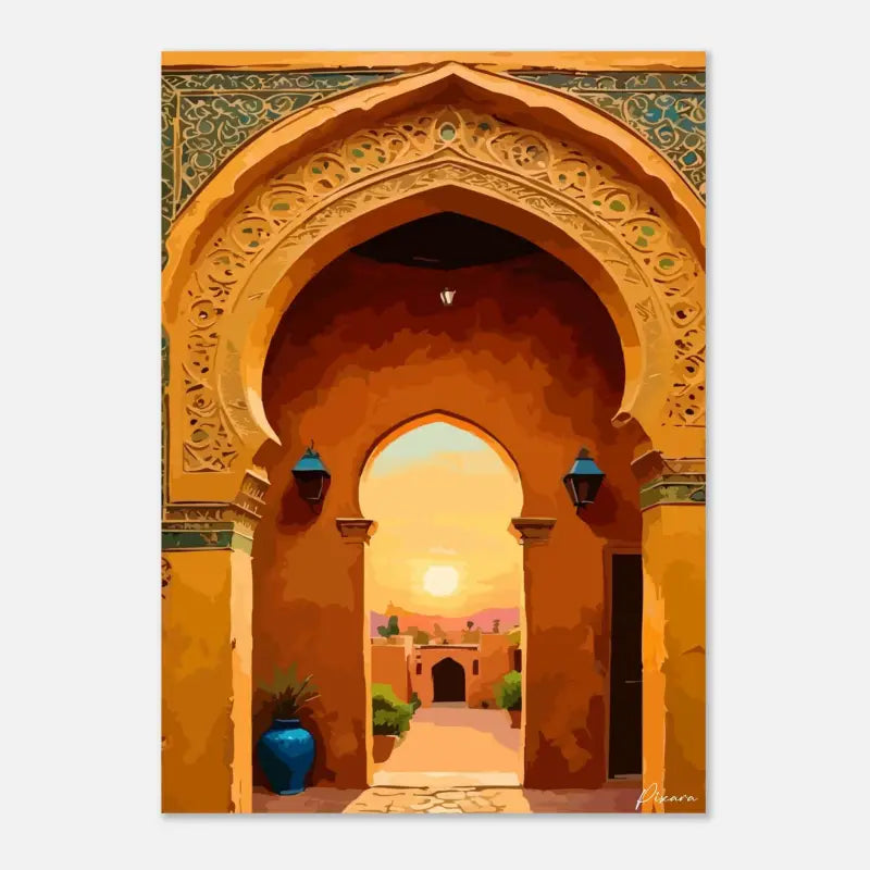 Peinture d’une arche ornée vibrante en orange et turquoise avec une scène de cour ensoleillée.