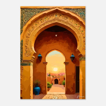 Une peinture vibrante d’une arche ornée orange et turquoise avec des sculptures intricées, un pot en céramique bleu à sa base, et des lanternes flanquant l’entrée.