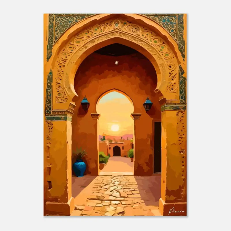 Une peinture d’une arche ornée vibrante en orange et turquoise avec des sculptures intricées, sur un fond de coucher de soleil chaud.