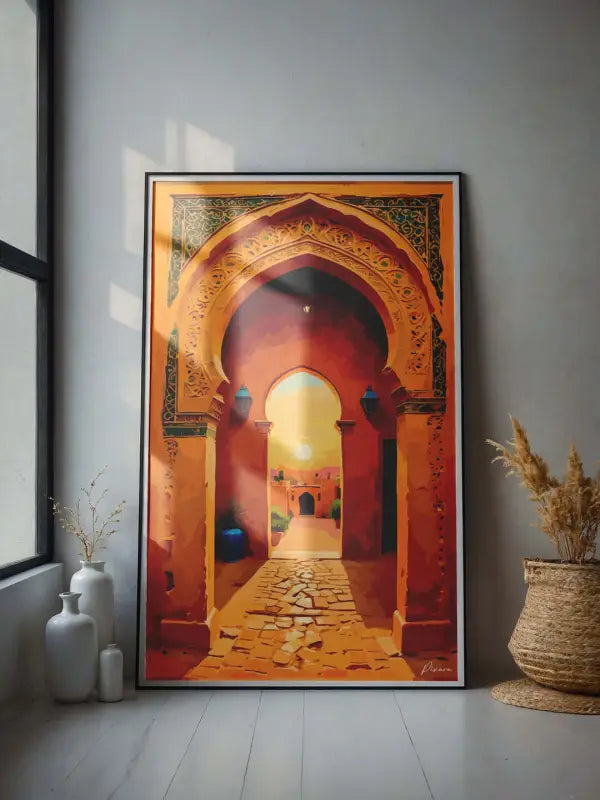 Une œuvre d’art encadrée dépeignant une arcade marocaine vibrante et ensoleillée avec des détails ornés en or et en vert.