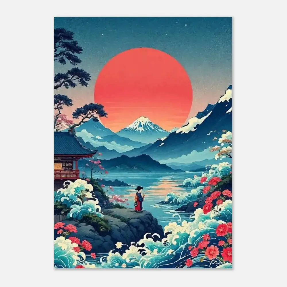 Impression d’illustration stylisée présentant un paysage japonais traditionnel avec le mont Fuji, des cerisiers en fleurs, et une figure solitaire en kimono rouge devant un soleil orange vibrant.