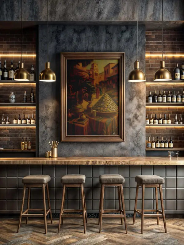 Un tableau encadré avec un cadre en bois sombre, représentant une scène de marché ornée en tons chauds de terre et accents dorés.