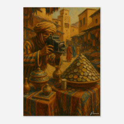 Appareil photo noir vintage avec un objectif proéminent et un viseur, tenu par un photographe en tenue traditionnelle.