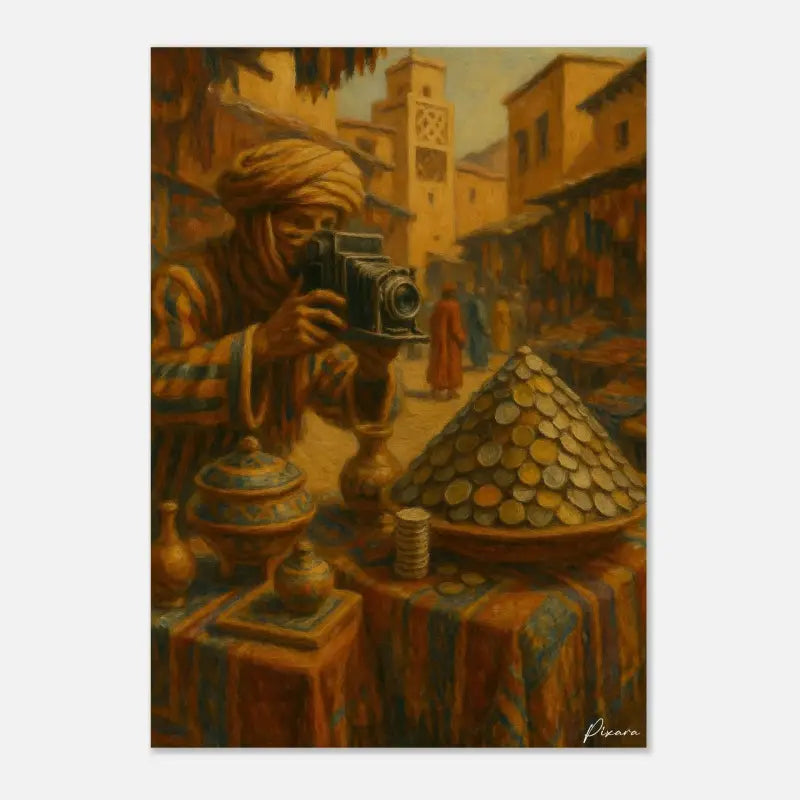 Appareil photo noir vintage avec un objectif proéminent et un viseur, tenu par un photographe en tenue traditionnelle.