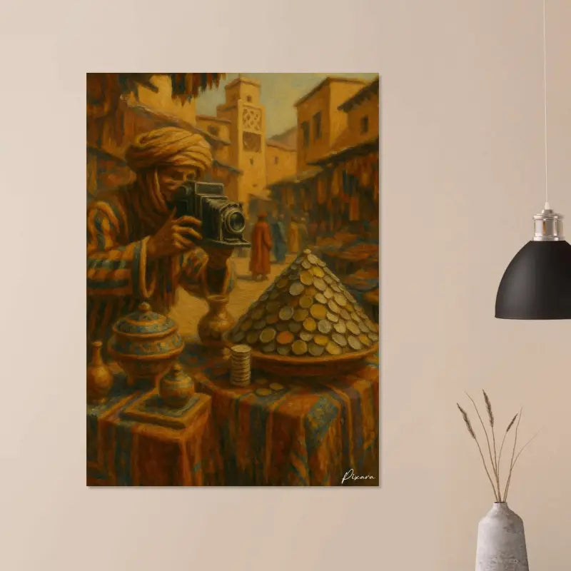 Une peinture à l’huile aux tons chauds représentant un homme en tenue traditionnelle tenant un appareil photo ancien, sur fond d’une scène de marché animée.
