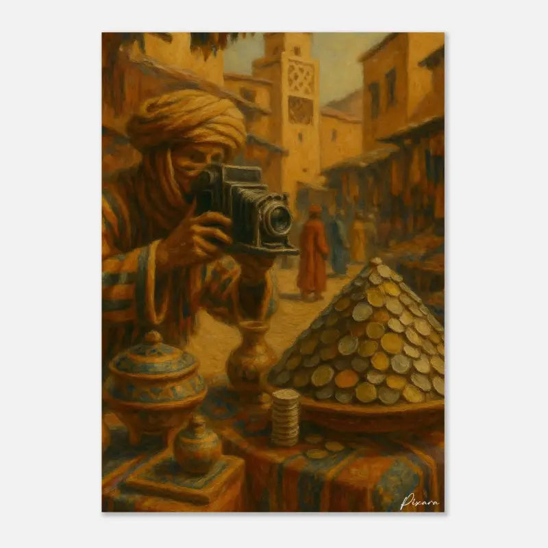 Un appareil photo noir vintage avec un objectif proéminent et un design classique, tenu par un homme en tenue traditionnelle.