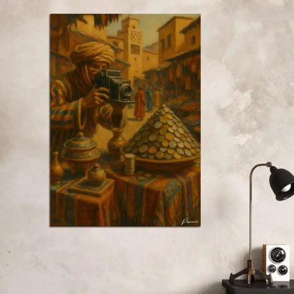 Une peinture à l’huile aux tons chauds représentant un photographe vêtu d’une tenue traditionnelle tenant un appareil photo ancien, sur fond d’une scène animée d’un marché marocain.