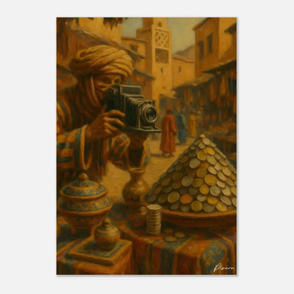 Un appareil photo de film noir vintage avec un objectif proéminent et des molettes manuelles, tenu par un photographe en tenue traditionnelle.