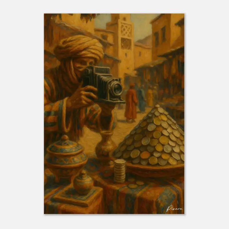 Un appareil photo de film noir vintage avec un objectif proéminent et des molettes manuelles, tenu par un photographe en tenue traditionnelle.