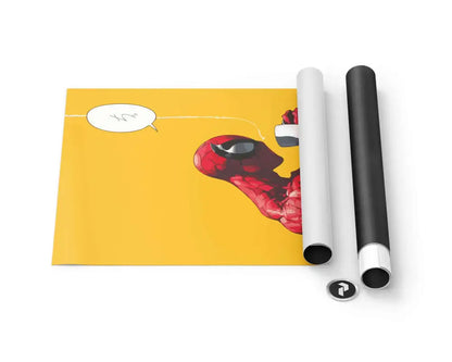 Une affiche vibrante de Spider-Man jaune mettant en scène une illustration de style comic rouge et noir avec une bulle de dialogue.