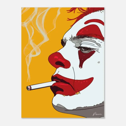 Une illustration stylisée d’un clown en train de fumer, présentant un maquillage audacieux rouge et blanc sur un fond jaune vibrant.