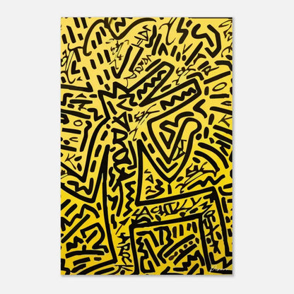Toile jaune vibrant ornée d’un art abstrait linéaire audacieux en noir dans un style signature.