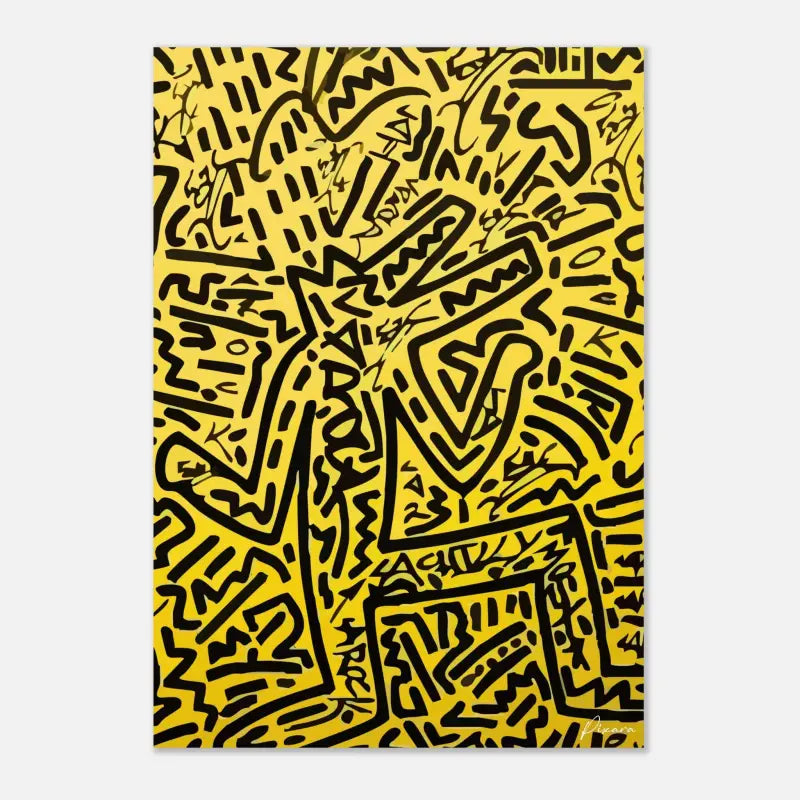 Toile jaune vibrant présentant un art linéaire noir audacieux dans un style dynamique et abstrait avec des gribouillis énergiques et des formes géométriques.