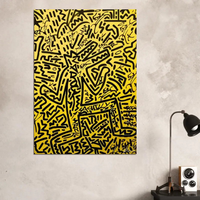 Toile jaune vif ornée d’un art abstrait linéaire audacieux en noir dans un style signature.