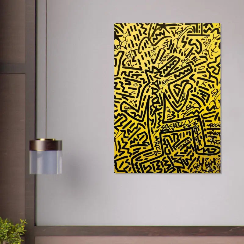 Toile jaune vibrant ornée d’un art linéaire noir audacieux dans un style dynamique et abstrait.