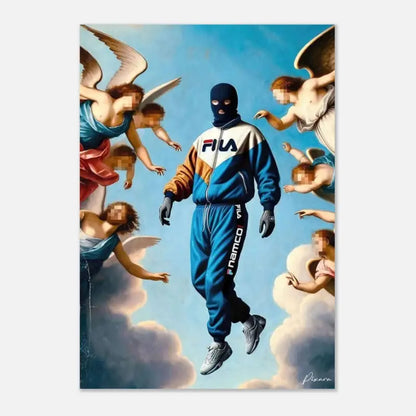 Une personne portant un survêtement fila bleu, blanc et orange avec la marque « fila » sur la poitrine et « namico » écrit le long de la jambe gauche.