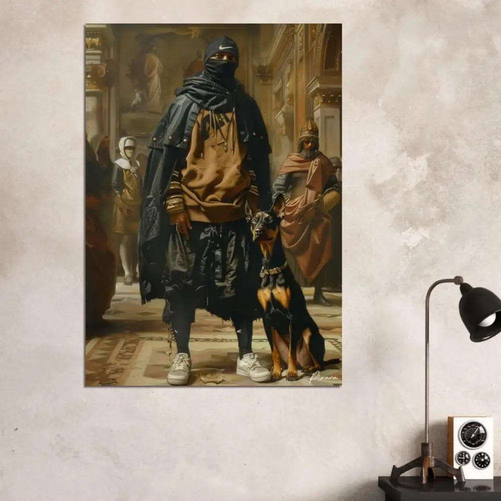 Un portrait encadré mettant en scène une figure moderne, vêtue de manière stylée en streetwear noir et beige, avec un chien à ses côtés.