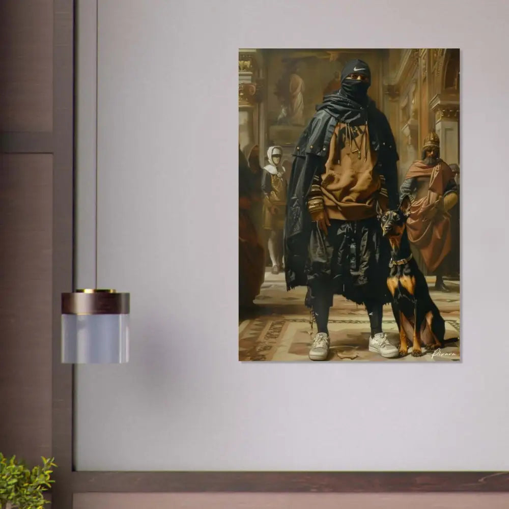 Une impression sur toile encadrée représentant une figure moderne et à la mode en streetwear noir et beige, debout avec un doberman pinscher.
