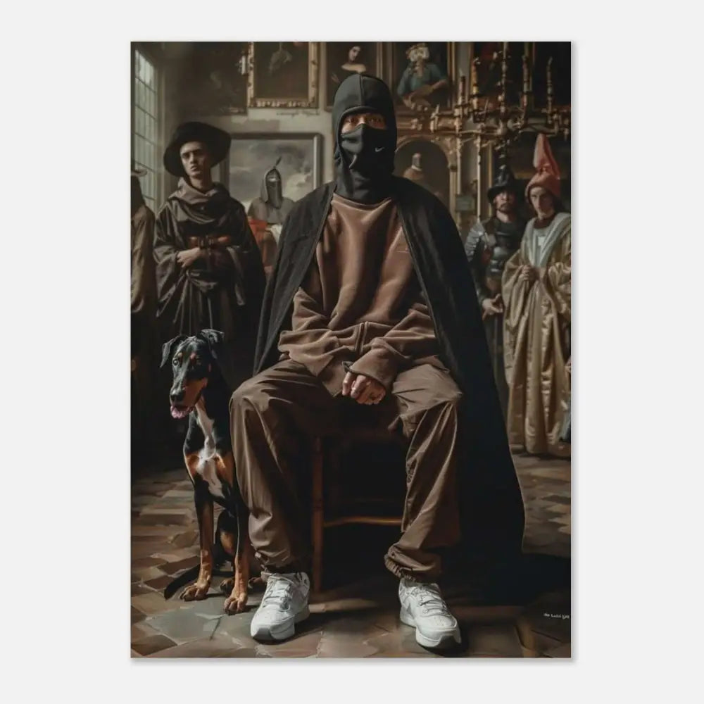 Un homme en cagoule noire et sweat-shirt marron est assis sur une chaise en bois, flanqué de figures en tenue historique.