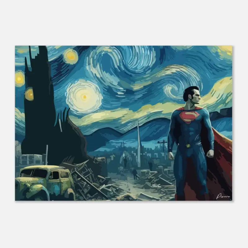 Superman se tient dans un costume bleu et rouge contre un ciel nocturne tourbillonnant et étoilé rappelant le « Starry Night » de Van Gogh, avec sa cape flottant derrière lui.