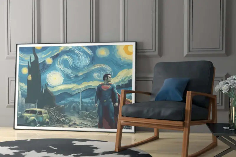 Une œuvre d’art encadrée dépeignant Superman debout dans un paysage post-apocalyptique sous des ciels tourbillonnants remplis d’étoiles évoquant la « Nuit étoilée » de Van Gogh, rendue avec des couleurs vives et un éclairage dramatique.