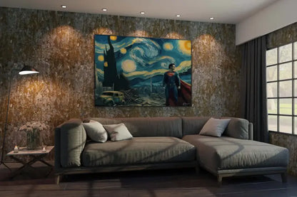 Une impression sur toile encadrée représentant Superman debout devant un ciel nocturne tourbillonnant et étoilé, avec un château et une voiture vintage en dessous.