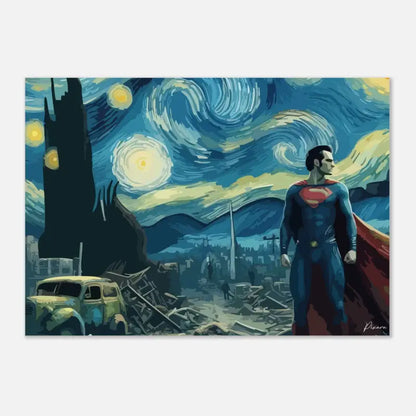 Superman se tient dans un costume bleu et rouge avec sa cape flottant, sur fond d’un ciel étoilé tourbillonnant rappelant ’La Nuit étoilée’ de Van Gogh.