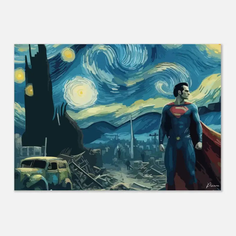 Superman se tient dans un costume bleu et rouge avec sa cape flottant, sur fond d’un ciel étoilé tourbillonnant rappelant ’La Nuit étoilée’ de Van Gogh.