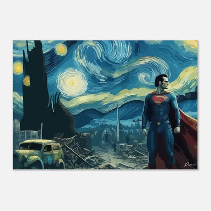 Superman se tient dans un costume bleu et rouge contre un ciel nocturne tourbillonnant et étoilé rappelant le « Nuit étoilée » de Van Gogh, sa cape flottant derrière lui.