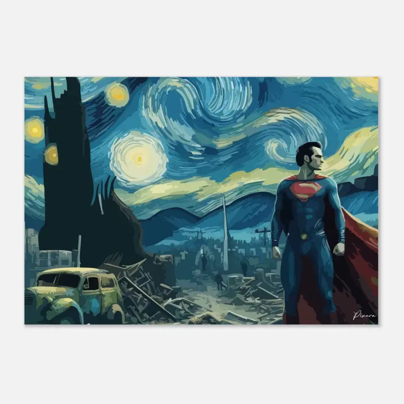 Superman se tient dans un costume bleu et rouge contre un ciel nocturne tourbillonnant et étoilé rappelant le « Nuit étoilée » de Van Gogh, sa cape flottant derrière lui.