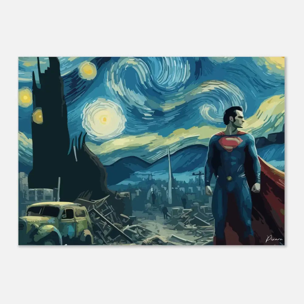 Superman se tient dans un costume bleu et rouge avec sa cape flottant, sur fond d’un ciel étoilé tourbillonnant rappelant ’La Nuit étoilée’ de Van Gogh.