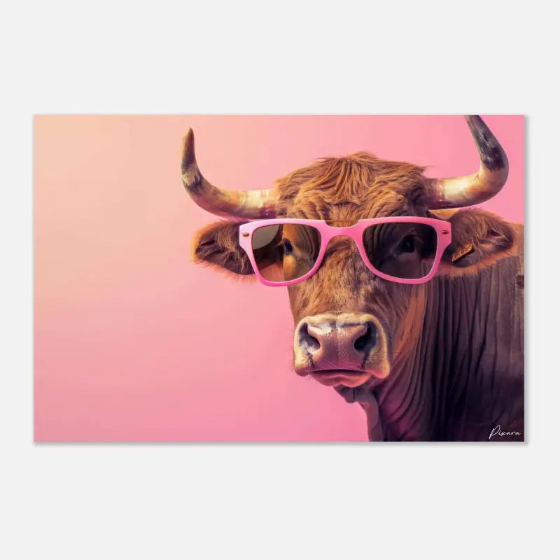 Un taureau brun avec des cornes recourbées portant des lunettes de soleil rose vif sur un fond rose uni.