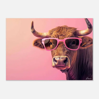 Un taureau brun aux cornes proéminentes portant des lunettes de soleil rose vif sur un fond rose uni.