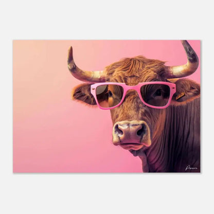 Une vache brune aux cornes proéminentes portant des lunettes de soleil rose vif sur un fond dégradé rose.